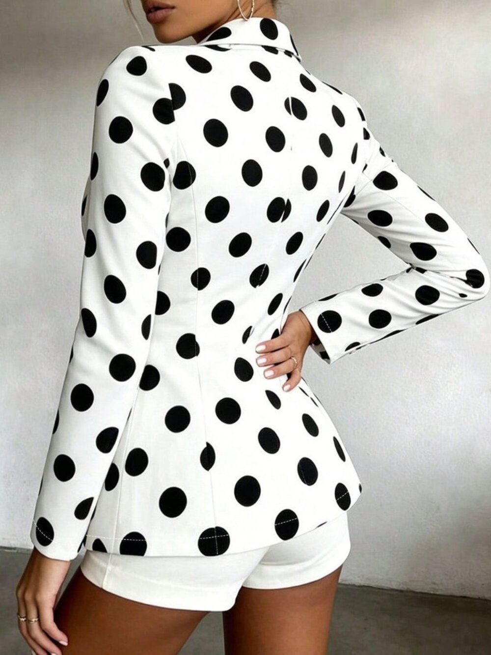 Black And White Party Women's Polka Dot Print Button Long Sleeve Blazer - Picture 2 of 5